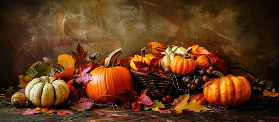 Poster - Thanksgiving or Autumn Bouquet featuring pumpkins and leaves. with copy space image. Place for adding text or design