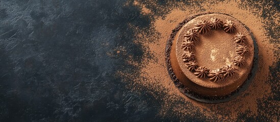 Aufkleber - Top view of a cheesecake covered in cocoa powder and topped with f. with copy space image. Place for adding text or design