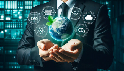 Businessman's hand holds green planet with ESG, net zero, carbon co2 and net zero icons. environmentally friendly carbon saves our planet, world environment day, earth day and climate change