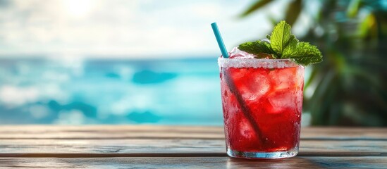 Leinwandbilder - Red cocktail with copy space on it Cold red cocktail featuring mint sugar and salt placed on a beach club bar table Photo of the red cocktail captured against a simple wooden background
