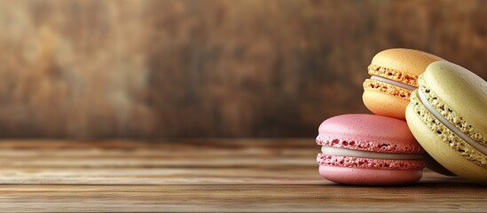 Poster - Colorful French or Italian macarons on a wooden table with copy space for a background Macarons or macaroons are a French dessert