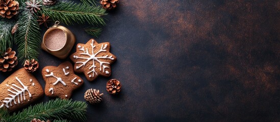 Aufkleber - Christmas baking theme a selection of cookies fir tree branches and decorations Top view copy space