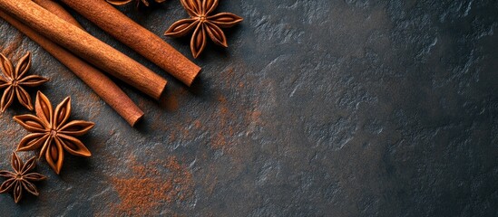 Aufkleber - Cinnamon sticks and star anise on a textured surface Cinnamon roll paired with star anise A flavorful spice for baking desserts and beverages Aromatic ground cinnamon Area for text Copy space