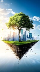 Wall Mural - Floating Cityscape with Green Tree.