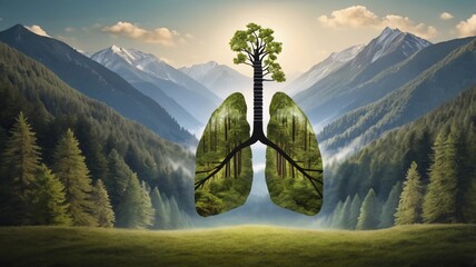 Lungs superimposed on a beautiful natural landscape, natural environments supports lung health