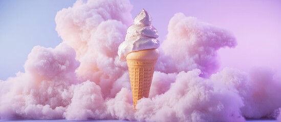 Aufkleber - Creative concept featuring an ice cream cone and soft clouds against a purple background. with copy space image. Place for adding text or design