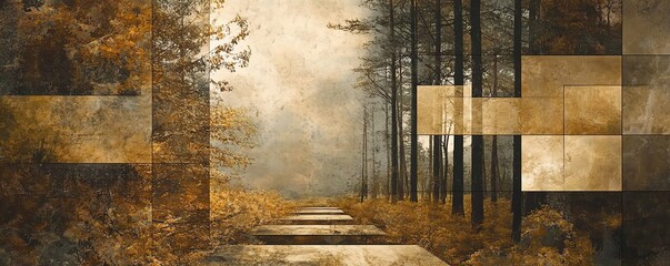 Visualize a serene abstract collage where the beauty of a forest meadow meets the structure of room geometry, featuring earthy wood brown tones and natural textures