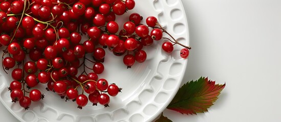 Wall Mural - Plate featuring fresh viburnum berries on a white background. with copy space image. Place for adding text or design