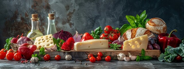 Assorted fresh vegetables, cheese, and bread on a rustic table