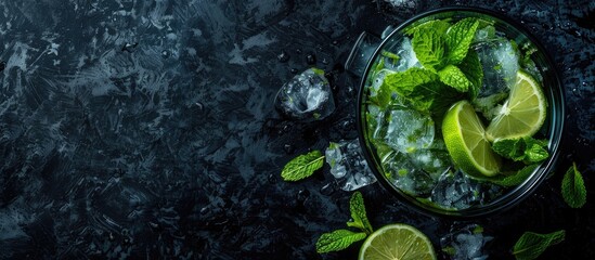 Aufkleber - Mojito cocktail a refreshing blend of mint rum and lime served as a cold drink Black background Top view. with copy space image. Place for adding text or design