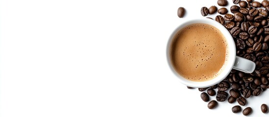 Coffee beans on a white background A top view of coffee beans alongside a cappuccino coffee cup Copy space available for text