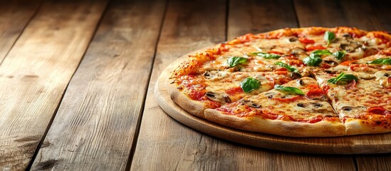 Poster - Homemade pizza prepared to be served on a wooden table with copyspace