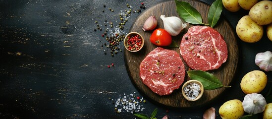 Fototapete - Raw meat two types of spiced pickled meat medallions on a circular wooden board on the table accompanied by garlic bay leaves potatoes and tomatoes cooking idea copyspace
