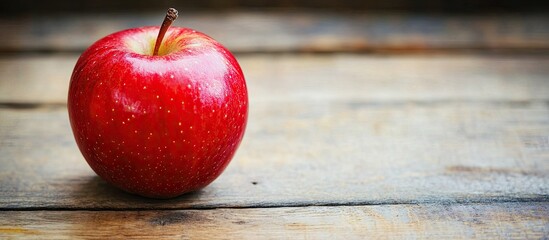 Close up of a red apple on a wooden surface with copy space