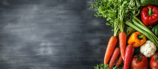 Poster - Close up of fresh farm vegetables arranged on a wooden table alongside a black chalkboard highlighting copy space
