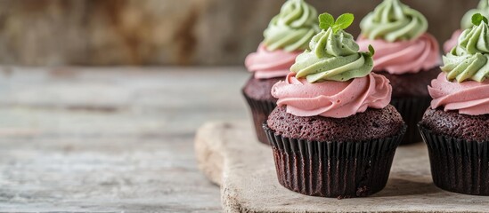 Aufkleber - Green cakes with matcha flavored chocolate and pink frosting on a light wooden background Selective focus Copy space