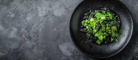 Poster - Seaweed salad served on a black stone plate Chinese cuisine Top view Free copyspace