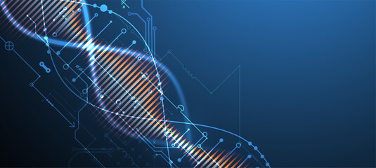 Aufkleber - Scientific and technological background. Image of dna molecule with technological elements. Hand drawn vector.