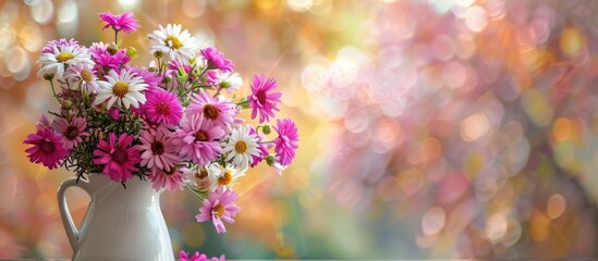 Wall Mural - Lovely asters in a jug on a table with a pink background with space for text Fall flowers. with copy space image. Place for adding text or design