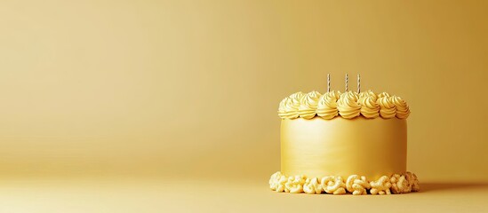 Poster - A golden birthday cake is adorned with macaroni. with copy space image. Place for adding text or design