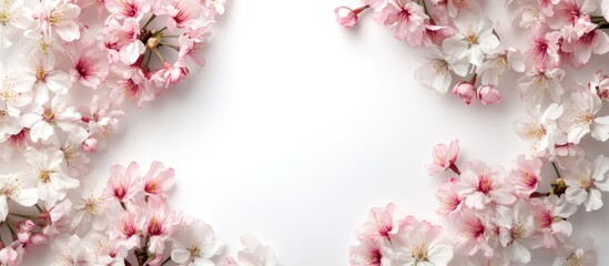 Poster - Pink and white cherry blossoms on a white background are arranged in a circular frame. with copy space image. Place for adding text or design
