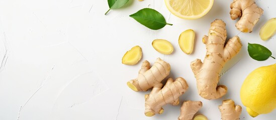 Wall Mural - Fresh ginger and lemon on a white background Flat lay top view copy space Seasoning spice ingredient for tea