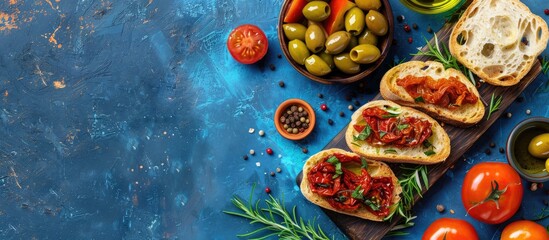 Aufkleber - Mediterranean snack assortment Olives oil sun dried tomatoes herbs and sliced ciabatta bread arranged on a blue painted backdrop top view copy space