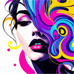 Beautiful colorful bliss. Stylized vector illustration of a woman's face blended with vibrant abstract swirls and shapes