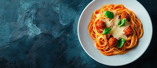 Poster - Homemade Italian pasta or spaghetti with meatballs cheese and tomato sauce served in a white dish on a dark blue tablecloth. with copy space image. Place for adding text or design