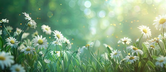 Fototapete - Blooming daisies on the green backdrop of summer. with copy space image. Place for adding text or design