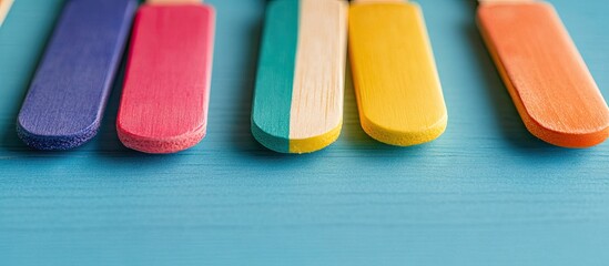 Colorful wooden or ice cream sticks featuring the words BE BOLD with selective focus and cropped fragment Business and education theme. with copy space image. Place for adding text or design