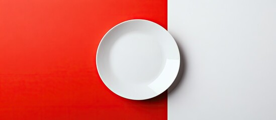 Fototapete - Top view of an empty white plate against a white and red backdrop. with copy space image. Place for adding text or design