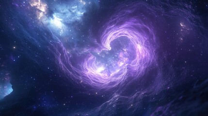 An ethereal metaverse with violet and blue glowing fractals, surrounded by swirling stars in deep space