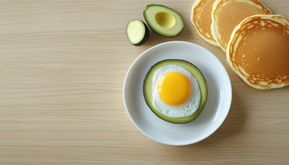 Canvas Print - Pancake with egg fried no oil, avocado fruit slice on white plate in table flat lay