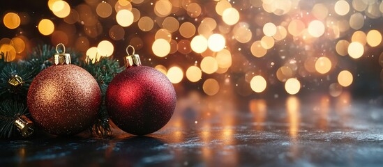 Poster - Christmas ornaments against a bokeh lights backdrop. with copy space image. Place for adding text or design