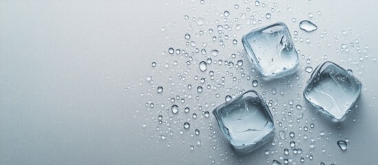 Aufkleber - Melting ice cubes and water droplets on a light grey background flat lay Room for text. with copy space image. Place for adding text or design
