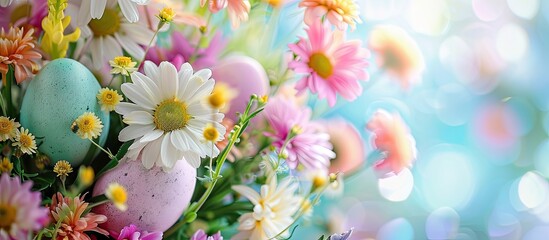 Poster - Easter decor Flower arrangement featuring colorful eggs. with copy space image. Place for adding text or design
