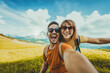 © Davide Angelini - Happy couple of travelers taking selfie pic in front of mountains - Two cheerful tourists visiting European national park - Holidays, sport, leisure and technology life style concept