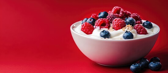 Poster - A bowl of yogurt topped with raspberries blueberries and powder set against a red background. with copy space image. Place for adding text or design