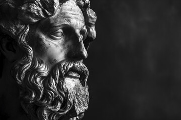 Poster - Ancient Roman or Greek statue closeup, white marble, high contrast. Side view with copy space. Sculpture, face of a mythological hero, portrait of god on black background