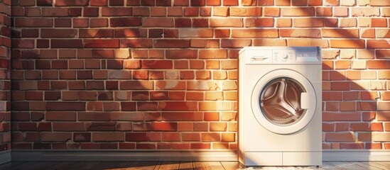 Contemporary washing machine beside a brick wall in a laundry room setting copyspace available