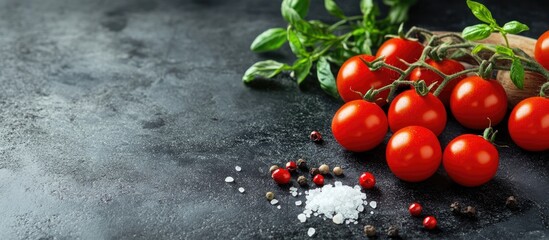 Aufkleber - Ingredients for preparing cherry tomatoes salt spices and herbs on a dark concrete surface. with copy space image. Place for adding text or design