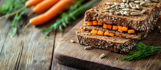 Poster - Sliced rye bread topped with vegetables carrots and sunflower seeds on a cutting board Rustic style Selective focus and copyspace