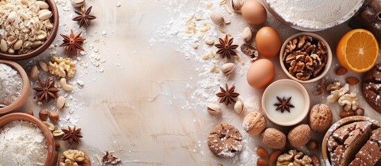 Bakery ingredients composition Cooking components flour eggs nuts star anise and orange on a dark kitchen table background for cake Top View Copy Space Cookies pie or cake recipe mockup