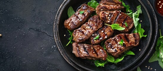 Korean cuisine featuring homemade beef steak and garlic barbecue accompanied by baby leaf vegetables for gourmet comfort food. with copy space image. Place for adding text or design