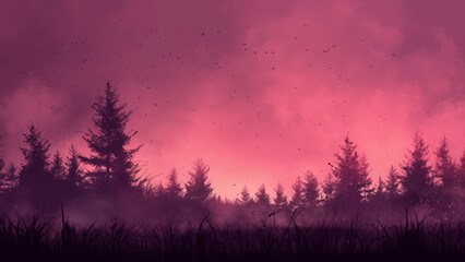 Wall Mural - Silhouetted trees stand tall against a vibrant pink sky.