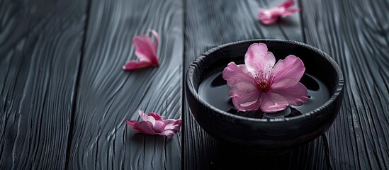 Poster - flower floating in aroma bowl on a black wooden table. with copy space image. Place for adding text or design