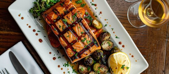 Grilled salmon steak A classic favorite in American restaurants or French bistros The fish is grilled and accompanied by seafood stew roasted Brussels sprouts and a martini. with copy space image