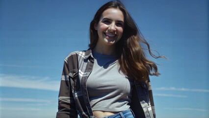 Poster -  happy young woman posing over blue sky