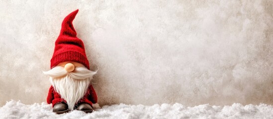 Poster - Christmas postcard featuring a Scandinavian gnome in a red hat Gnome on a white background with blank space for text. with copy space image. Place for adding text or design